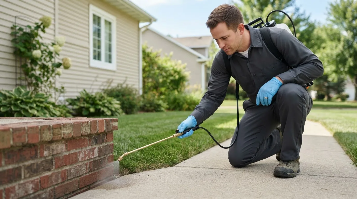 Pest control technician treating a home near Falcon Heights, TX